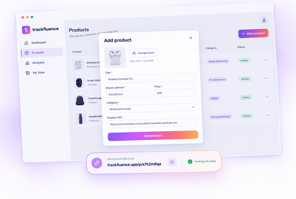 Add product form in trackfluence with a generated tracking link
